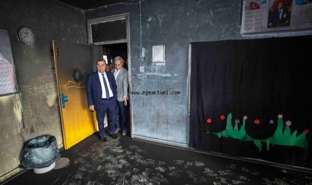 Batur, yanan Necatibey İlkokulu’nda incelemelerde bulundu